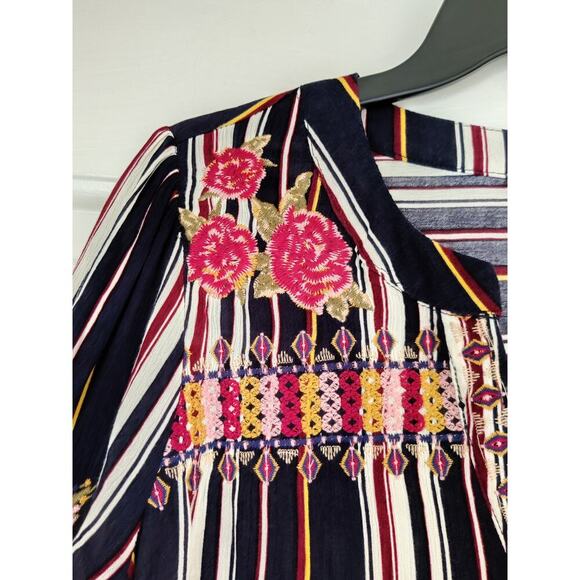Floral Embroidered Multicolor Blouse Long Sleeve Button Front Striped Size S/M - Picture 5 of 11